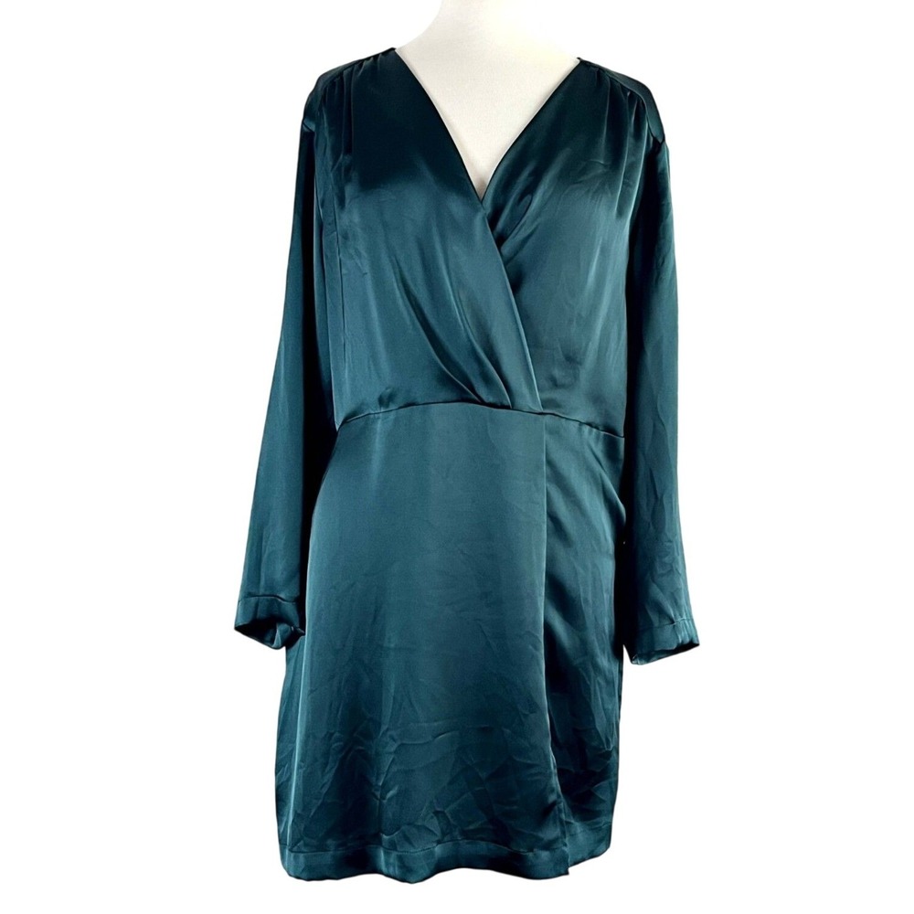 H&M Women's Emerald Green Long Sleeved Wrap Look Midi Dress Satin Women's L